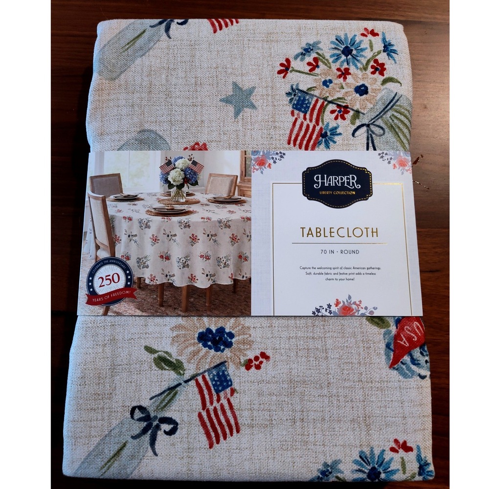 Harper Liberty Collection Patriotic Tablecloth 70 Inch Round Americana Floral